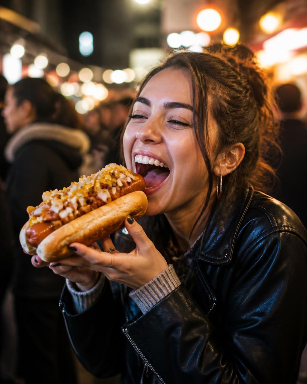 Woman laughing while about to take a bite of a loaded hot dog at night
