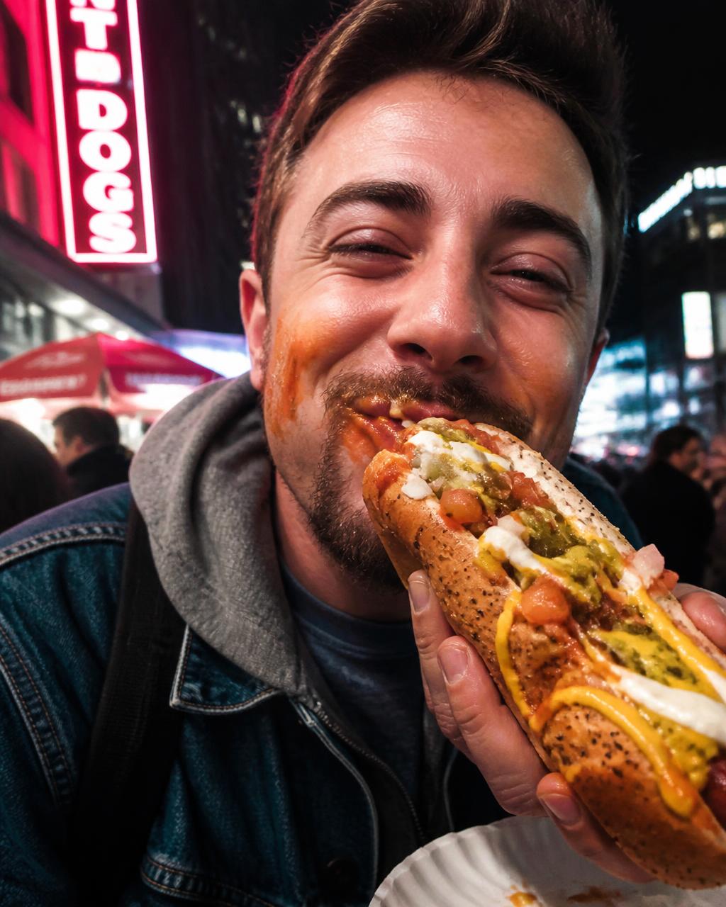 Man grinning with sauce on his face while eating a loaded hot dog