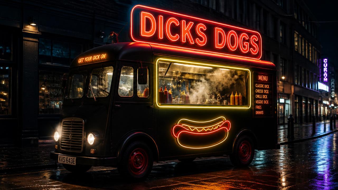 Dicks Dogs neon food truck parked on a city street at night